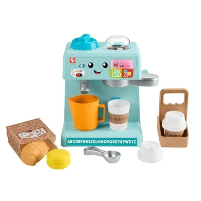 Abbildung von Fisher Price Lachen und Lernen Kaffeemaschine mit Kaffeezubehör, Lernspielzeug Geräuschen, für Babys ab 1 Jahr, spanische Version + Portugiesisch Italienisch Englisch (HYT02)