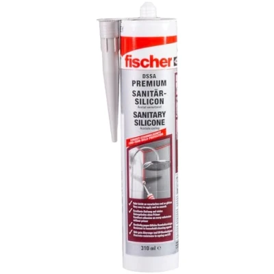 Abbildung von fischer Premium Sanitärsilikon, Silikon zum Abdichten &amp; Verfugen im Sanitär und Küchenbereich, Kartusche für zahlreiche Anwendungen Baustoffe, Langzeitschutz vor Schimmel, 310 ml, transparent
