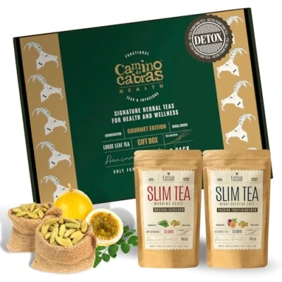 Abbildung von Tee Geschenkset SLIM TEA Detox Kur &amp; Entgiftungskur Set für Morgens Abends Grüner lose, Mate, Moringa, Guarana, Ingwer, Löwenzahn, Kardamom Natürliche Zutaten Box 2 x 100g