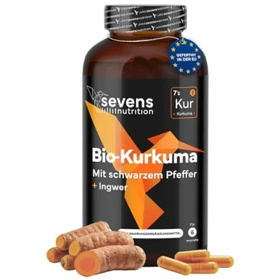 Abbildung von Kurkuma Kapseln Hochdosiert BIO mit Schwarzem Pfeffer &amp; Ingwer 365 Curcumin Komplex Ohne unerwünschte Zusätze Sevens Nutrition
