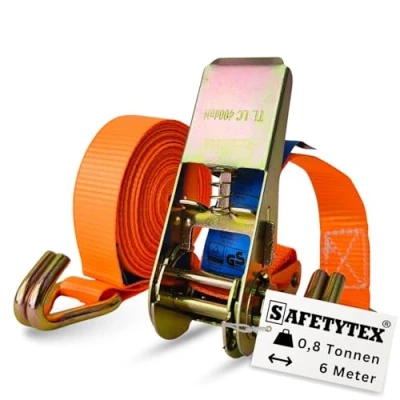 Abbildung von Safetytex Spanngurt mit Ratsche 2teilig Ratschengurt 800kg 6m x 25mm zweiteilig Haken und perfekt für die Ladungssicherung (1 Stück)