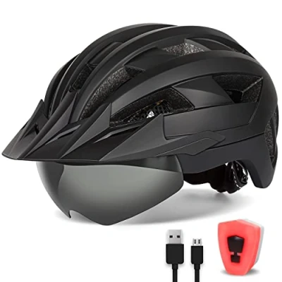 Abbildung von FUNWICT Fahrradhelm mit Visier für Herren Damen, Leichte Magnetischem Brille und USB Aufladung LED Licht, Stylisch Mountainbike Helm (L: 57 61 cm, Schwarz)