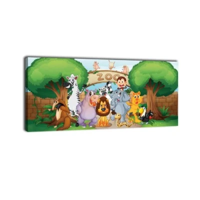 Abbildung von wandmotiv24 Leinwandbild Panorama Nr. 246 Zootiere 100x40cm, Keilrahmenbild, Bild auf Leinwand, Kinder, Comic, Tiere