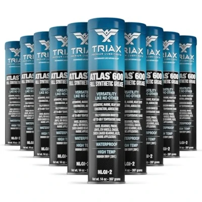 Abbildung von TRIAX Atlas 600 Blau Vollsynthetisches Fett, Hochtemperatur 40C bis + 232C, NLGI 2, Wälzlager/Radlager, Langzeit Wasserdicht/Marine, Höhe Haftung, Hochleistungs Fett (10x400g Kartusche)