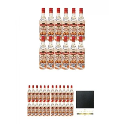 Abbildung von Rushkinoff Vodka &amp; Caramello 12 x 1,0 Liter + Schiefer Glasuntersetzer eckig ca. 9,5 cm Durchmesser