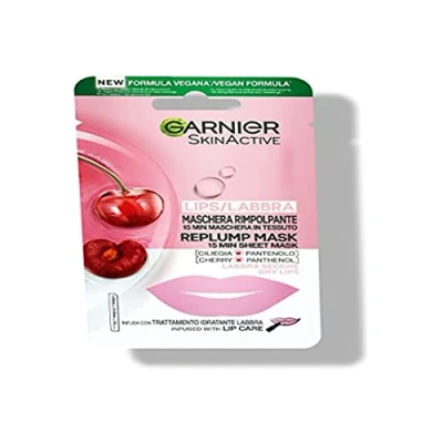 Abbildung von Garnier Maske aus Stoff für Lippen, feuchtigkeitsspendende und straffende Formel, mit Kirsche Panthenol, 1 Stück