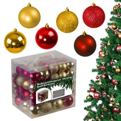 Abbildung von 120 teiliges Weihnachtskugeln Set aus Kunststoff Christbaumschmuck Baumschmuck in Glänzend Glitzernd Matt, Gold/Bordeaux
