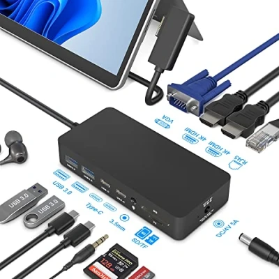 Abbildung von Surface Dock, Docking Station, 12 in 1 Triple Display Microsoft Dock mit 2 HDMI 4K +VGA für Pro 11/10/9/8/X/7/6/5/4/3, Laptop 5/go/4/3/2/1, Book 3/2/1