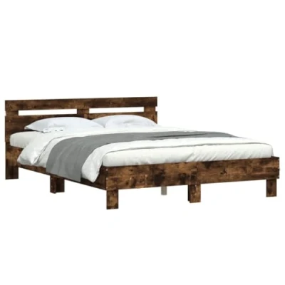 Abbildung von vidaXL Bettgestell, Bettrahmen mit Lattenrost, Bett Gästebett Kopfteil LED Beleuchtung, Doppelbett Schlafzimmerbett Schlafzimmermöbel, Räuchereiche 140x200cm