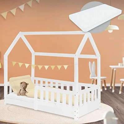 Abbildung von ML DESIGN Kinderbett Hausbett mit Rausfallschutz, Dach und Lattenrost Massivholz, Bett 70x140 cm Weiß Matratze 16cm für Mädchen Jungen Holzbett