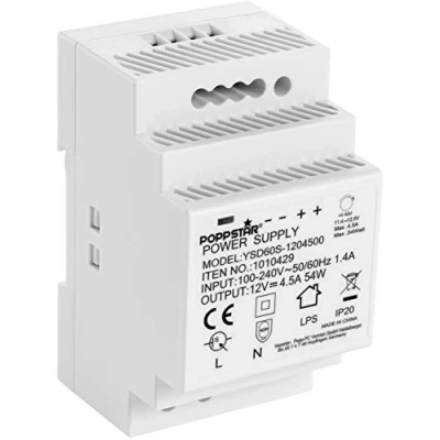 Abbildung von Poppstar DIN Rail Netzteil 12V 54 Watt Hutschienen (Klingeltrafo (Input 100 240V AC, Output 12 V DC 4,5 A W)
