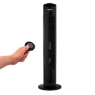 Abbildung von MEDION E11 TF Turmventilator mit Fernbedienung (3 Geschwindigkeitsstufen, leiser Schlafmodus, 45 Watt Leistung, 60 horizontale Oszillation, Timer, MD12067) schwarz