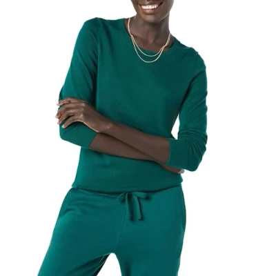 Abbildung von Amazon Essentials Damen Leichter, Langärmeliger Pullover Mit Rundhalsausschnitt (Erhältlich in Übergröße), Dunkelgrün, XS
