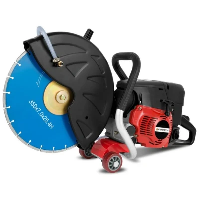 Abbildung von EBERTH Benzin Trennschleifer Motorflex Trennschneider für Nass und Trockenschnitt (350mm Trennscheibe, 2 Takt Motor mit 3 kW, 64,6 ccm Hubraum, 9500 U/Min., Seilzugstarter, max. Schnitttiefe 110mm)