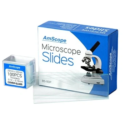 Abbildung von AmScope BS 50P 100S 22 vorgereinigte Glas Mikroskop Objektträger mit geschliffenem Rand, 100 Stück vorgereinigte, quadratische Glasabdeckungen