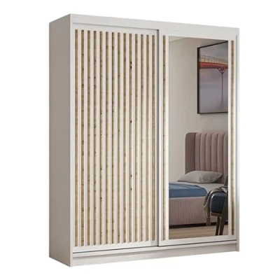 Abbildung von MargaretHadas24 Kleiderschrank Dora mit Lamellen und Spiegel inklusive 2 Schiebetüren Schwebetürenschrank Kleiderstange Garderobe ((weiß, weiß, Lamelle Artisan), 120 cm)