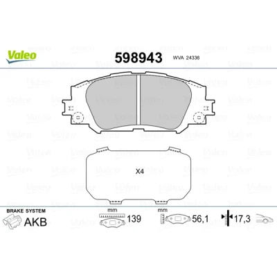 Abbildung von VALEO 598943 Bremsbelagsatz Vorderachse mit Anti Quietsch Blech TOYOTA: Auris Schrägheck, RAV4 IV SUV, III LANCIA: Voyager