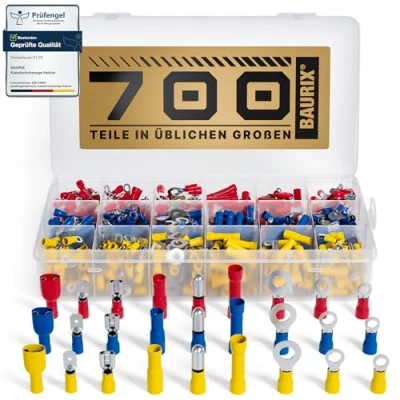 Abbildung von BAURIX Flachsteckhülsen Set 700 Stück I Quetschverbinder Sortiment Steckverbinder, Stoßverbinder, tlg., Kabelschuhe, Flachsteckhülsen, Ringkabelschuhe, Rundstecker