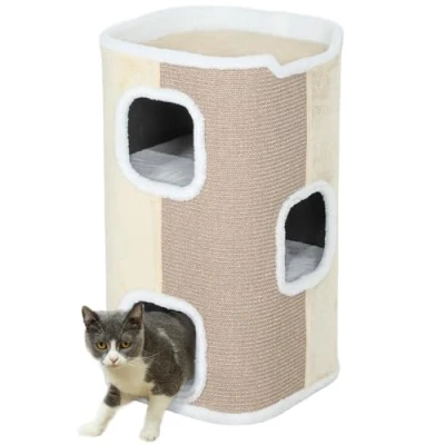 Abbildung von PawHut Kratztonne für Katzen Katzenkratzbaum 3 Ebenen Katzenbaum Kletterbaum Katzenmöbel Spanplatte samtartiges Polyester Sisal Beige 40 x 74 cm