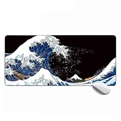 Abbildung von Gaming Mauspad, XL, erweitertes großes Schreibtischunterlage, 90 x 40 0.3 cm, genähte Kanten, rutschfestes Mauspad für Computer, Büro, Tastatur und Laptop, Malerei der großen Welle