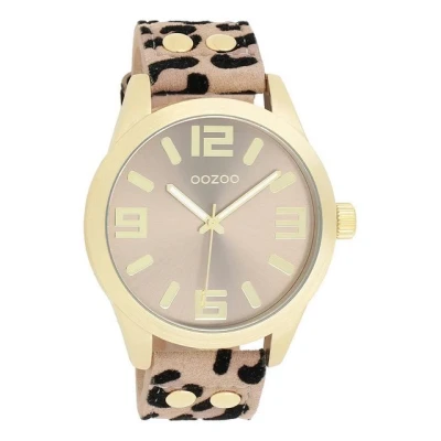 Abbildung von OOZOO Quarzuhr Damenuhr C1097 in Gold mit taupefarbenem Lederarmband, im Animalprint, rundes Gehäuse, 46 mm