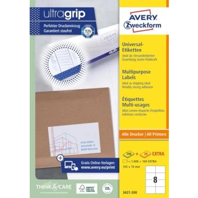 Abbildung von AVERY Zweckform 3427 200 Universal Etiketten (1.600 plus 160 Klebeetiketten extra, 105x74mm auf A4, bedruckbare Versandetiketten, selbstklebende Versandaufkleber mit ultragrip) 220 Blatt, weiß