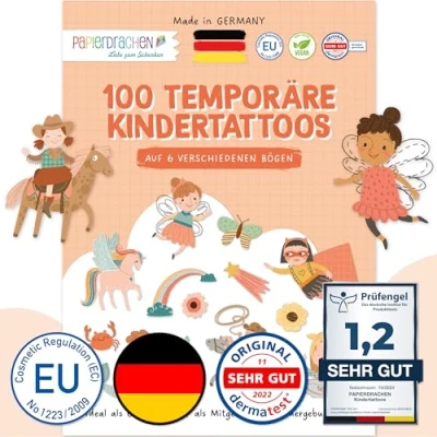 Abbildung von Papierdrachen 100 Kindertattoos zum Aufkleben aus Deutschland Tattoos mit Fabelwesen und weiteren kindgerechten Designs als Geburtstagsmitgebsel vegan Diversity Set 16