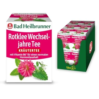 Abbildung von Bad Heilbrunner Rotklee Wechseljahre Tee Kräutertee im Filterbeutel Rotklee, Melisse, Lavendel Vitamin B6 für einen normalen Hormonhaushalt Wohlbefinden in Wechseljahren (12 x 8 Filterbeutel)