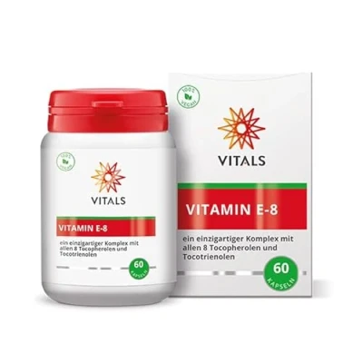 Abbildung von Vitals Vitamin E 8, 60 Kapseln. Ein Einzigartiger Komplex mit allen 8 Tocopherolen und Tocotrienolen. Enthält nur die besten natürlichen Formen.