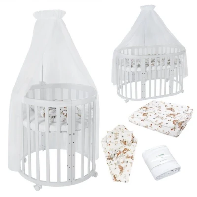 Abbildung von Waldin Oval Baby Bett Mitwachsend Komplett Set 7in1, Gitterbett, Kinderbett mit Matratze, Wickelkommode, Beistellbett, Holz Weiß, Stoffe Weiß Tiere
