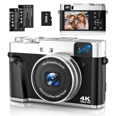 Abbildung von Digitalkamera, NEZINI 4K 48MP UHD Autofokus Fotokamera mit 32GB Karte, 16x Zoom Fotoapparat drehbarem Armaturenbrett und Sucher, Kompaktkamera für Teenager Anfänger Erwachsene.