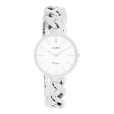 Abbildung von Oozoo Vintage Damen Uhr Silber/Weiß Armbanduhr mit Metall Chunky Armband Moderne für Frauen Edle Analog Damenuhr in rund C20355 (32mm Gehäuse)