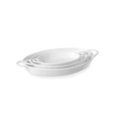 Abbildung von HENDI Auflaufform oval 20 x 10,7 3 cm Porzellan weiß mit Griff klein stapelbar, Ofenform