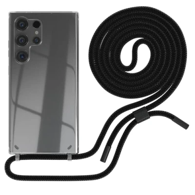 Abbildung von EAZY CASE Handykette kompatibel mit Samsung Galaxy S24 Ultra dünne Handyhülle für Hülle Band als Fallschutz Kette zum Umhängen transparente Silikon in Schwarz