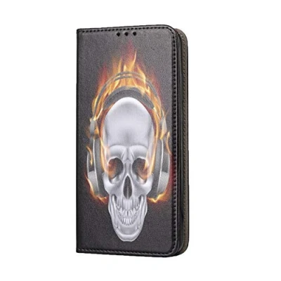 Abbildung von KX Mobile Hülle für Samsung A40 Handyhülle Motiv 505 Totenkopf Skull mit Kopfhörer in Flammen Premium Smart aus Kunstleder einseitig Bedruckt HandyCover Galaxy