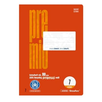 Abbildung von Staufen premio Schulheft 10 Hefte je 16 Blatt, DIN A5, Lineatur 7 (7mm kariert), 90 g/m² Recyclingpapier, runde Ecken verhindern „Eselsohren“
