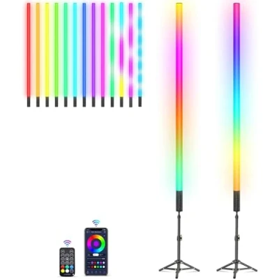 Abbildung von LUXCEO 2 Stück LED Video Lichtstab Mood1S Mit ausziehbarem Stativ, APP Steuerung, dimmbar und Speicher, integrierter 2500 mAh Akku, 120cm RGB Fotolampe für YouTube,TikTok,Spiel Streaming,Partybar