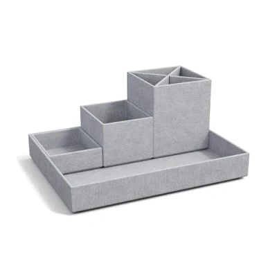 Abbildung von Bigso Box of Sweden LENA Schreibtisch Organizer für Stifte, Büroklammern, Haftnotizen usw. Sortierkasten mit 4 Fächern Ordnungssystem aus Faserplatte und Papier in Leinenoptik hellgrau