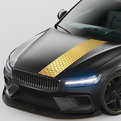 Abbildung von Finest Folia Rennstreifen Auto Aufkleber 120x25cm für Motorhaube Motorrad Bus Sticker Kfz Zubehör Tuning Dekor Design Folie Racing Streifen Dach KX079 (08 Gold)