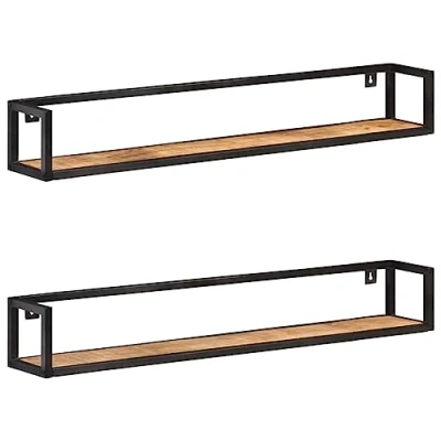 Abbildung von vidaXL 2X Raues Mangoholz Wandregal Industriestil Bücherregal Schweberegal Wandboard Regalbrett Hängeregal Dekoregal CD DVD Regal 120cm