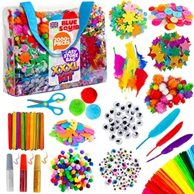 Abbildung von Blue Squid 2000 Stück Bastelset kinder Kunst DIY bastelkoffer, basteln für in Aufbewahrungstasche, bastelsachen, Scrapbooking bastelbox, Pfeifenreiniger, Pompons, Kulleraugen, Alter 4 bis 12