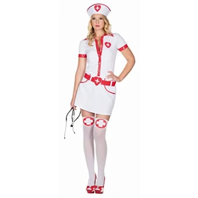 Abbildung von Karneval Klamotten Arzt Kostüm Krankenschwester Damen mit Haube, Krankenschwesterkleid Damenkostüm Haube und Gürtel