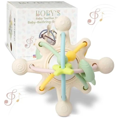 Abbildung von BOBY&#039;S sensorischer Baby Beißring Milk White/Motorikspielzeug aus BPA freiem Silikon/Zahnhilfe für und Rassel in einem/multifunktionales Spielzeug leicht zu reinigen