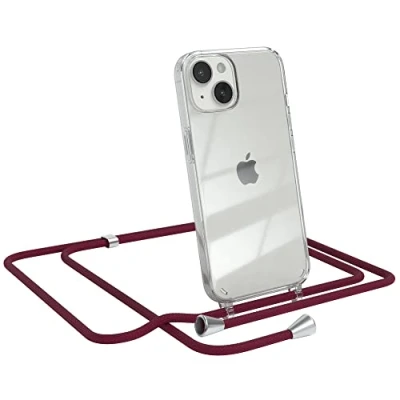 Abbildung von EAZY CASE Handykette kompatibel mit iPhone 14 Handyhülle Umhängeband, Handykordel Schutzhülle, Silikonhülle, Hülle Band, Stylische Kette für Smartphone, Burgunder Rot