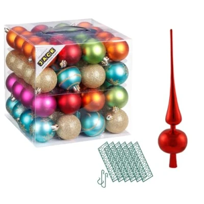 Abbildung von JACK 64x Kunststoff Christbaumkugeln Ø 6cm + Spitze 28cm inkl. Aufhänger Dekor Kugeln Set Weiß Rot Gold Grün Blau Silber, Farbe:Bunt