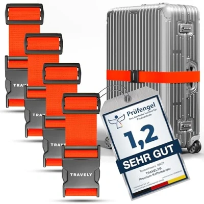 Abbildung von Travely® Premium Koffergurt Besonders Auffällig &amp; Sicher Inkl. 4 Namensschildern Gepäckband ideal über Kreuz [4er Set] Orange