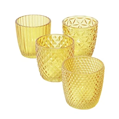 Abbildung von Boltze Windlicht Set Marilu 4 teilig (gelb, Deko Gläser für Kerzen / Teelichter, Kerzenständer ø 8 cm, verschiedene Muster, Form rund, Teelichthalter) 2001878