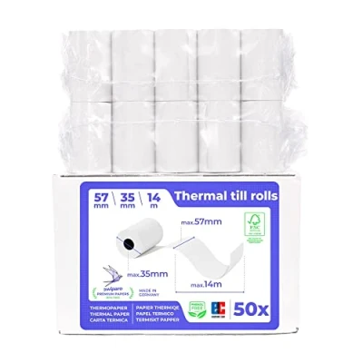 Abbildung von SWIPARO Ec Cash Thermorollen 57mm x 14m 12mm Kassenrollen Thermopapier Bonrollen für Bankomat Kredit Kartenlesegeräte mit SEPA Lastschrifttext (50 Stk.)