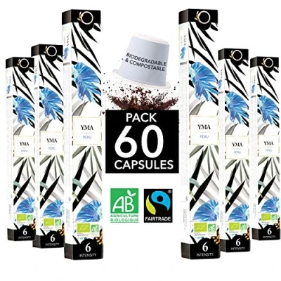 Abbildung von Nespresso Kapseln Kompatibel BIO FAIRTRADE Arabica Kaffee in Biologisch abbaubar YMA Sortenreiner Peru, 60 Kaffeekapseln Traditionelle Röstung