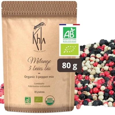 Abbildung von Khla Bunt Pfeffer Ganz Bio 80 g Schwarzer, Weißer &amp; Rosa Beeren Kampot Pfefferkörner Premium Qualität Limitierte Produktion Direkt vom Erzeuger Aus Kambodscha Madagaskar